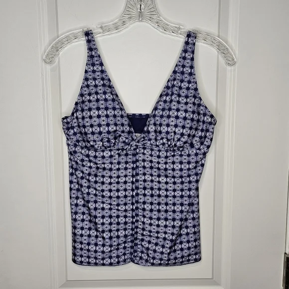 ❤️Nicole Miller Ruched Swim Tank Top S Blue White Nautical Adjustable Straps - Picture 2 of 7